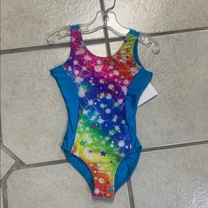 Girls Size 4 Blue & Multi Color Splash Dance or Gymnastics Bodysuit Leotard NWT